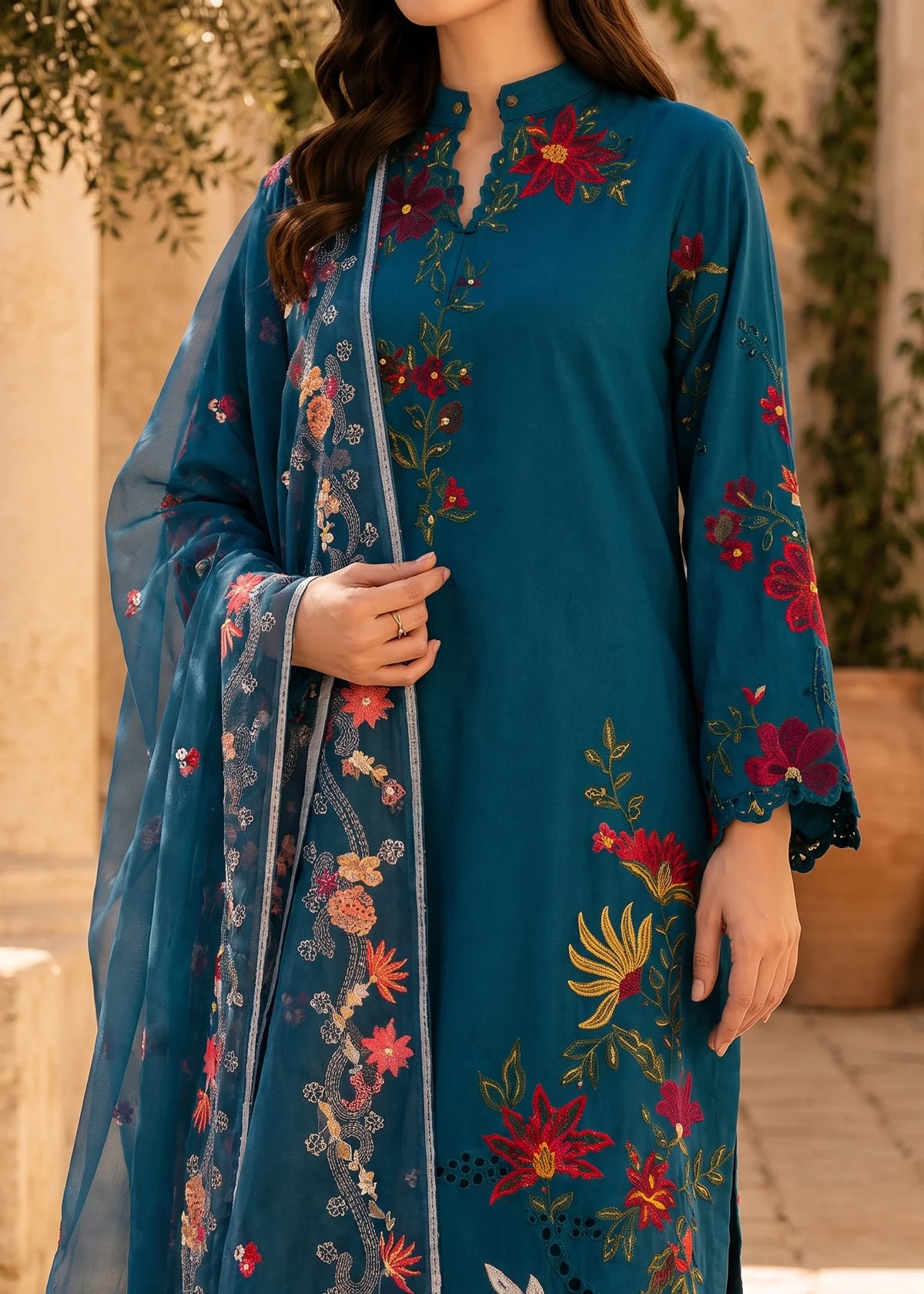 Grace W1050 - Embroidered 3pc CHIKANKARI Marina Dress With Printed Shawl.