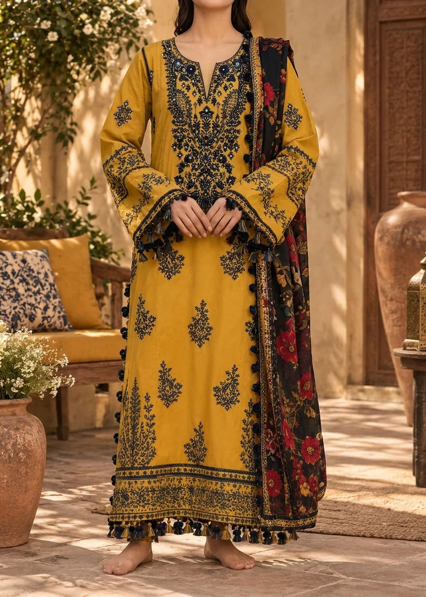 Grace Z-(W1074) - Stitched Embroidered 3pc Marina Dress With Printed Shawl.