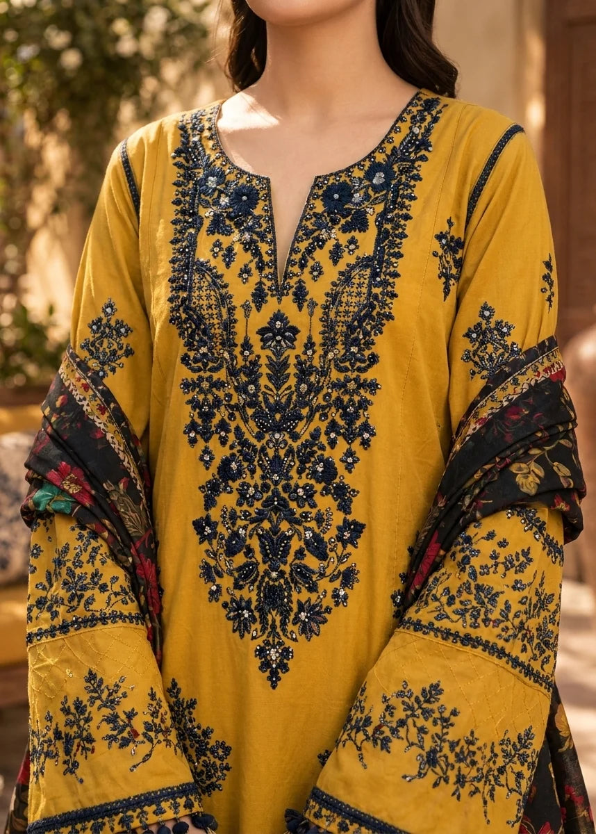 Grace Z-(W1074) - Stitched Embroidered 3pc Marina Dress With Printed Shawl.