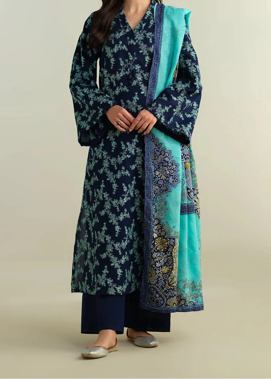 Grace Z-(W862) - Stitched Embroidered 3pc Marina Dress With Printed Shawl.
