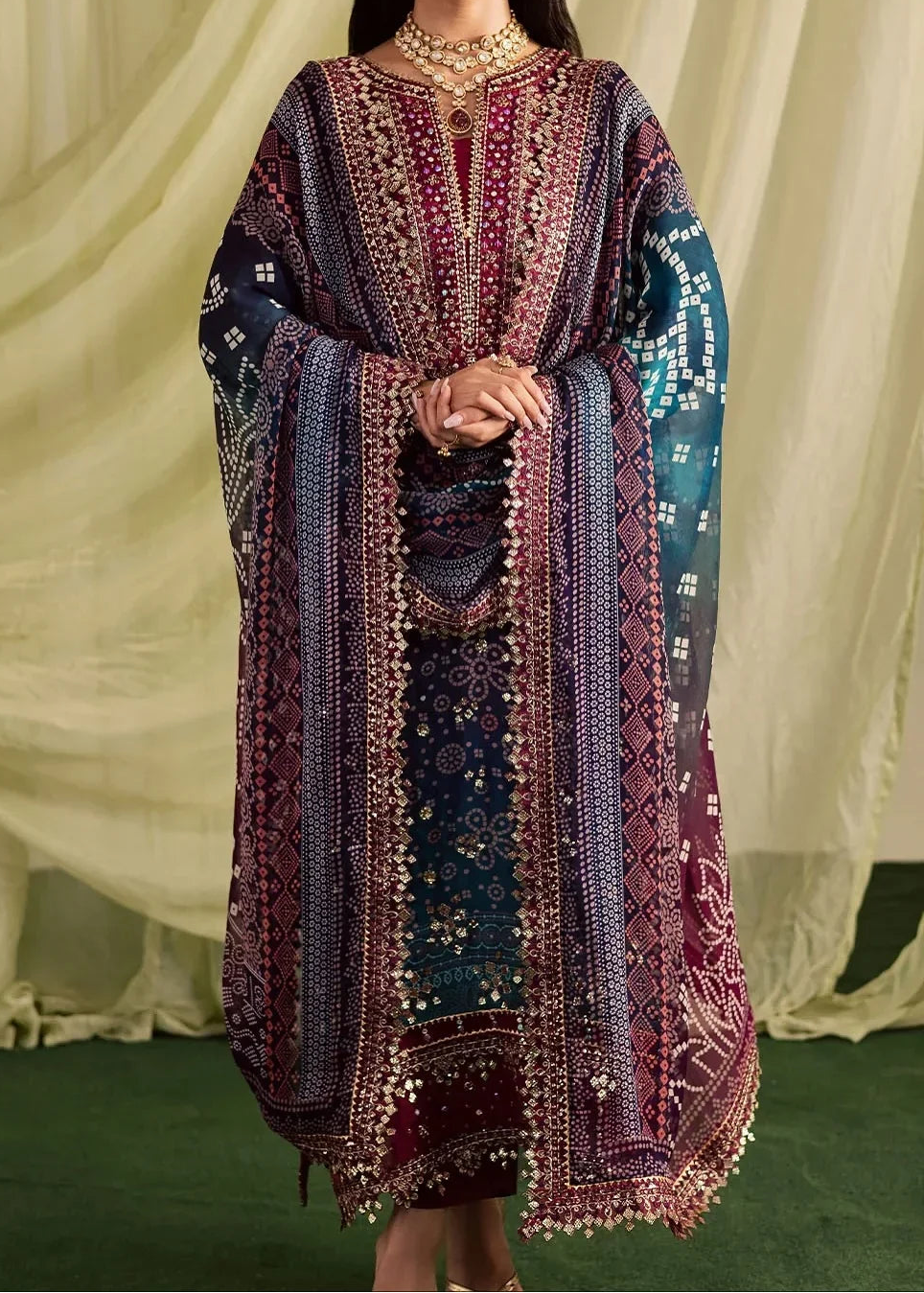 Grace S1297 - Printed & Embroidered 3pc Lawn Dress With Embroidered Sequence Chiffon Dupatta.