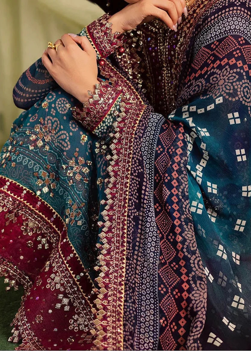 Grace Z-(S1297) - Stitched Printed &amp; Embroidered 3pc Lawn Dress With Embroidered Sequence Chiffon Dupatta.