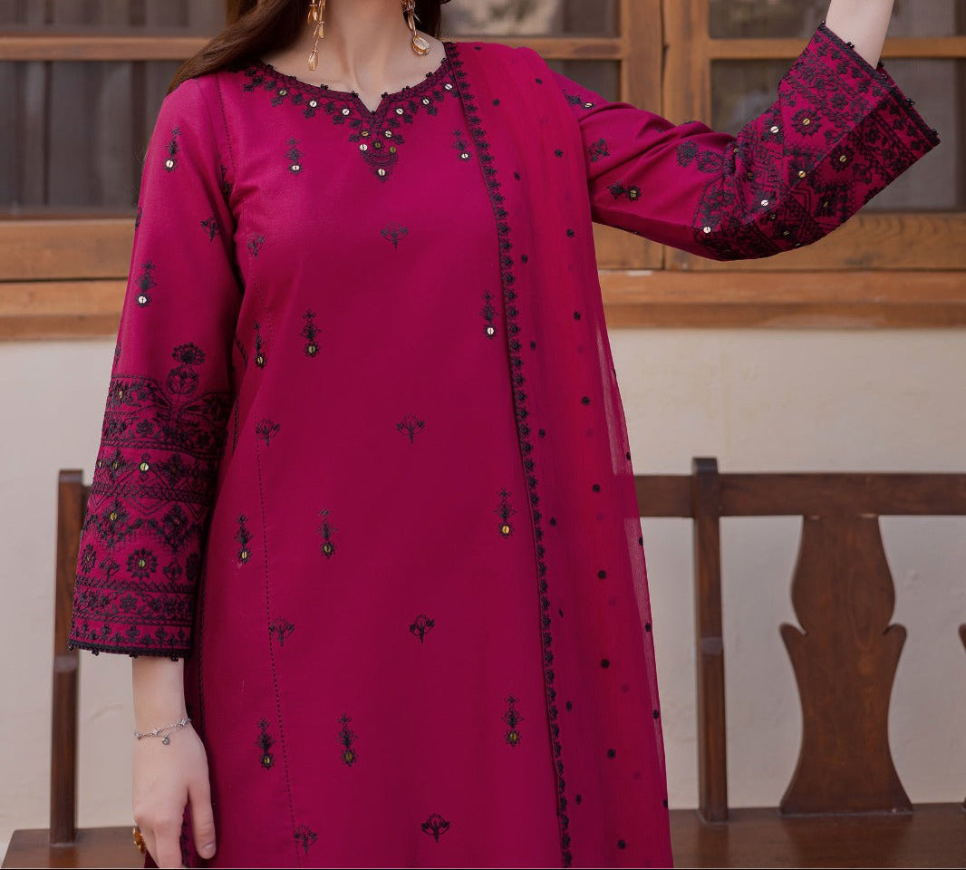 Grace Z-(S1360)- Stitched Embroidered Sequence 3pc Lawn Dress With Embroidered Sequence Chiffon Dupatta.