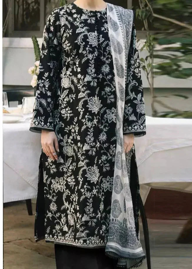 Grace Z-(W742) - Stitched Embroidered 3pc Marina Dress With Printed Shawl.