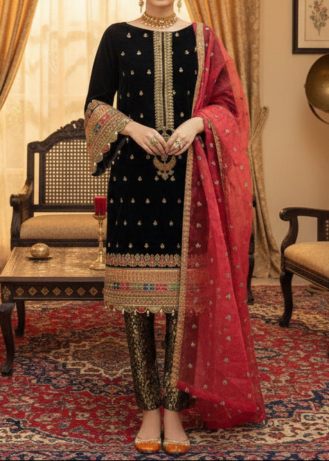 Grace W528- Embroidered 3pc Velvet Dress With Embroidered Organza Dupatta.